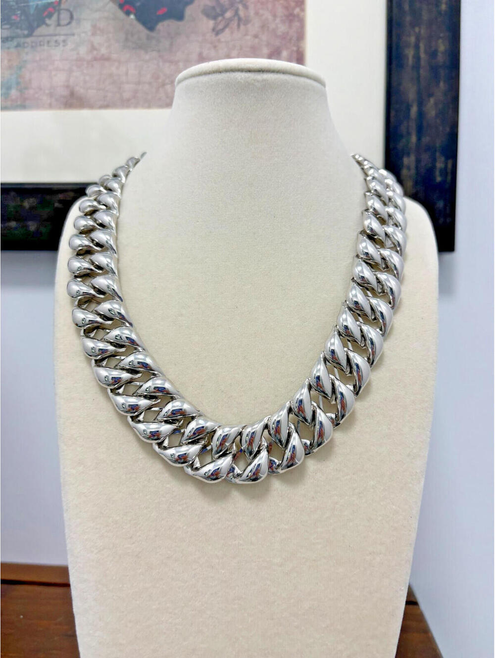 Vintage Trifari Chunky Cuban Link Shiny Silver Tone Necklace Signed 80s Glam